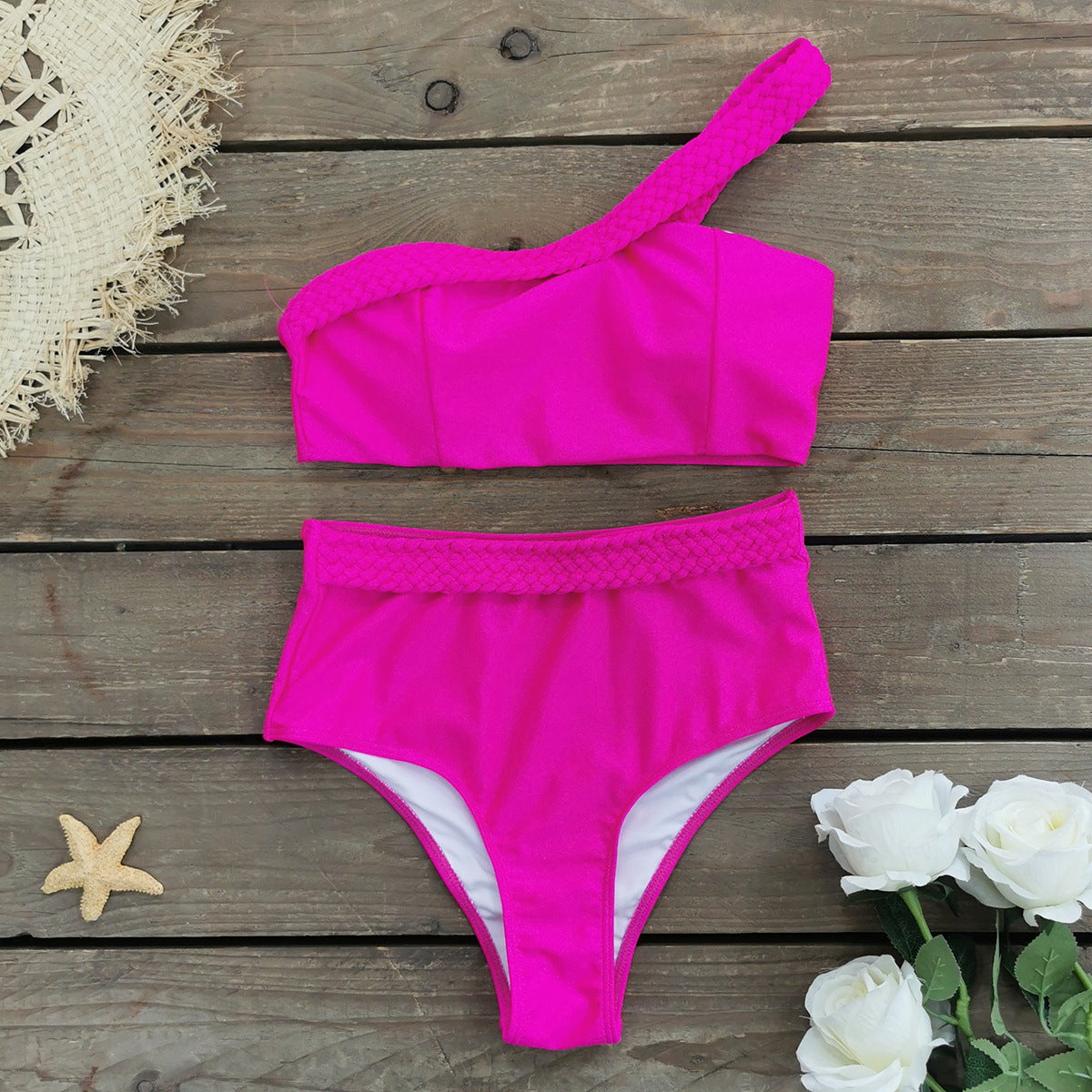 Women One Shoulder Solid Color Split Swimsuit High Waist Braid Rope Banded Bikini Bikini Bella Mia