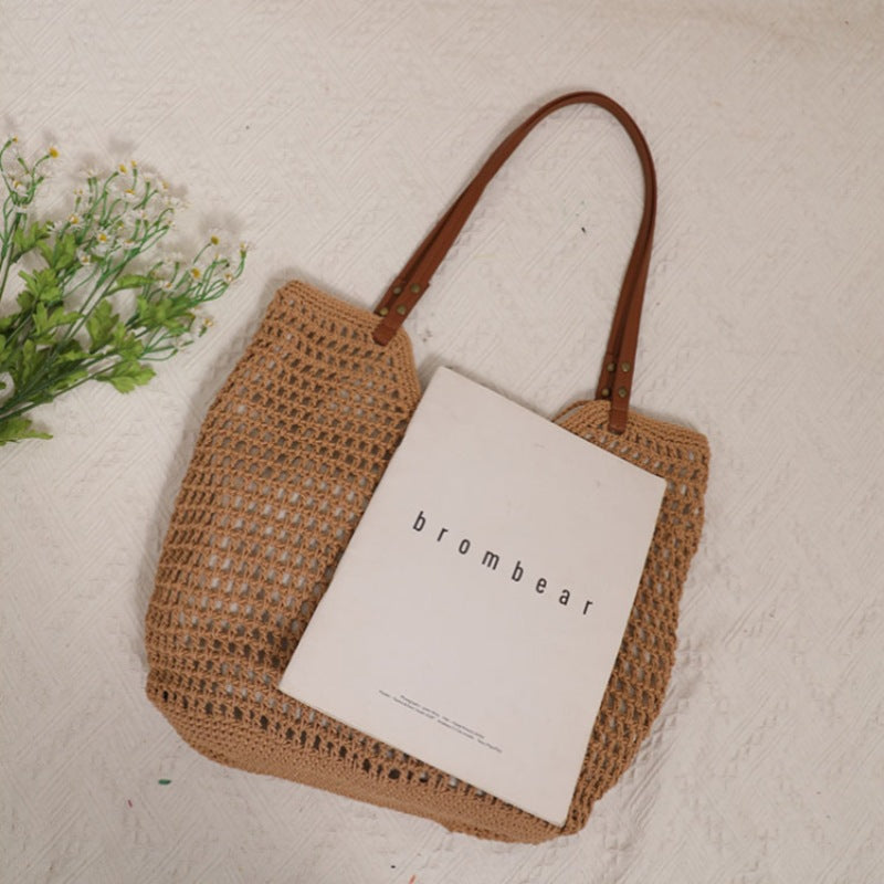 Casual Hollow Out Cutout Shoulder Cotton Thread Woven Bag Lazy Wind Portable Straw Weaved Bag Seaside Vacation Beach Bag Women Bag Bella Mia