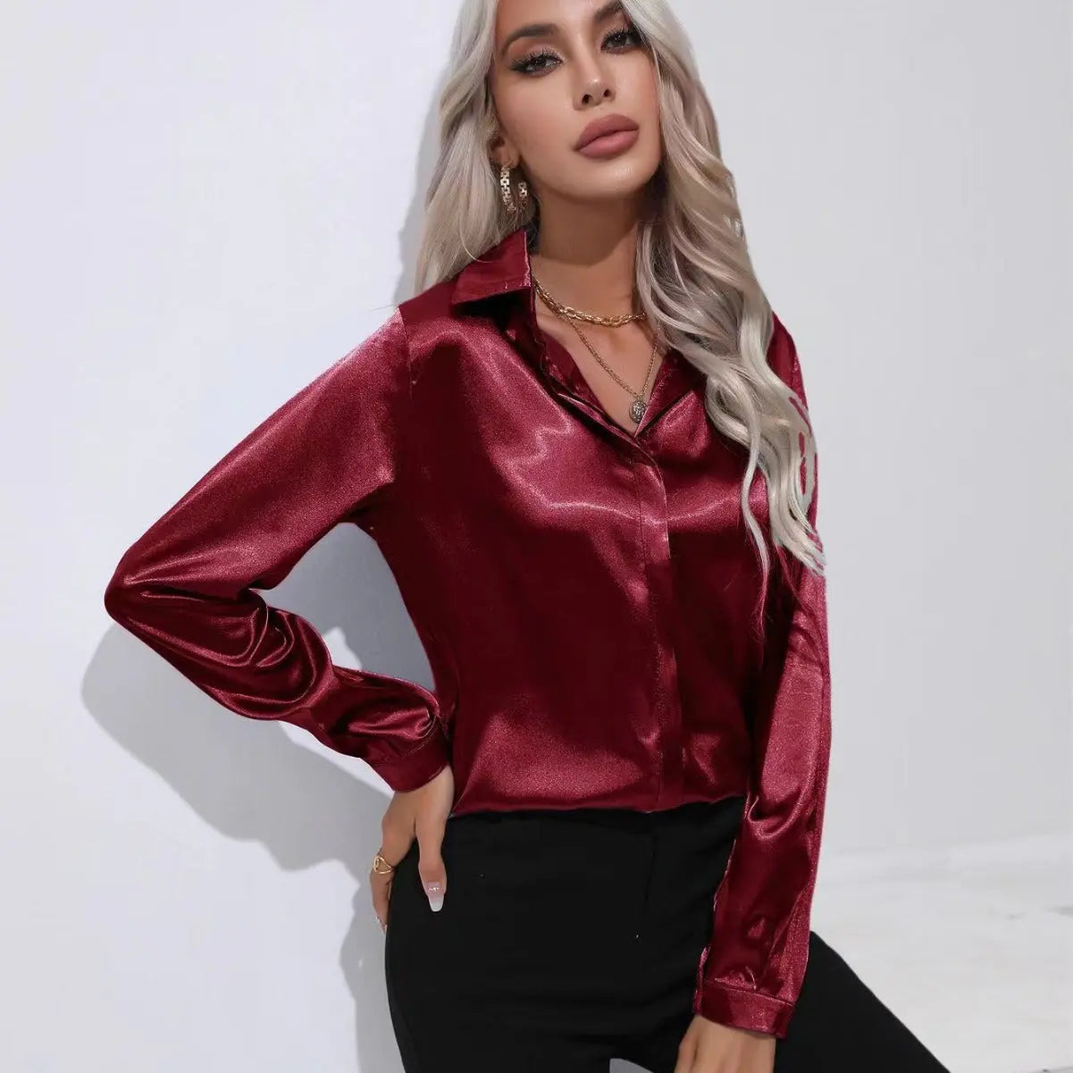 One Button Satin Shirt Office Long Sleeve Shirt Spring Summer Loose Top Women Clothing Bella Mia