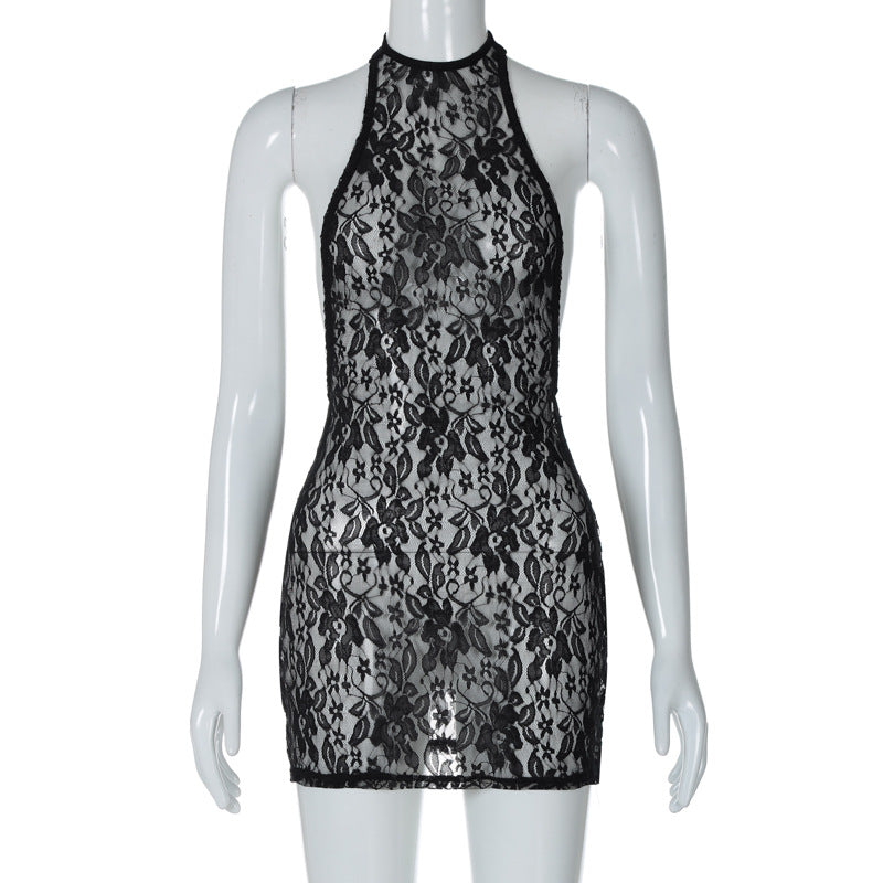 Sexy Lace Large Backless Sheath Slim Nightclub Essential Halter Dress Bella Mia