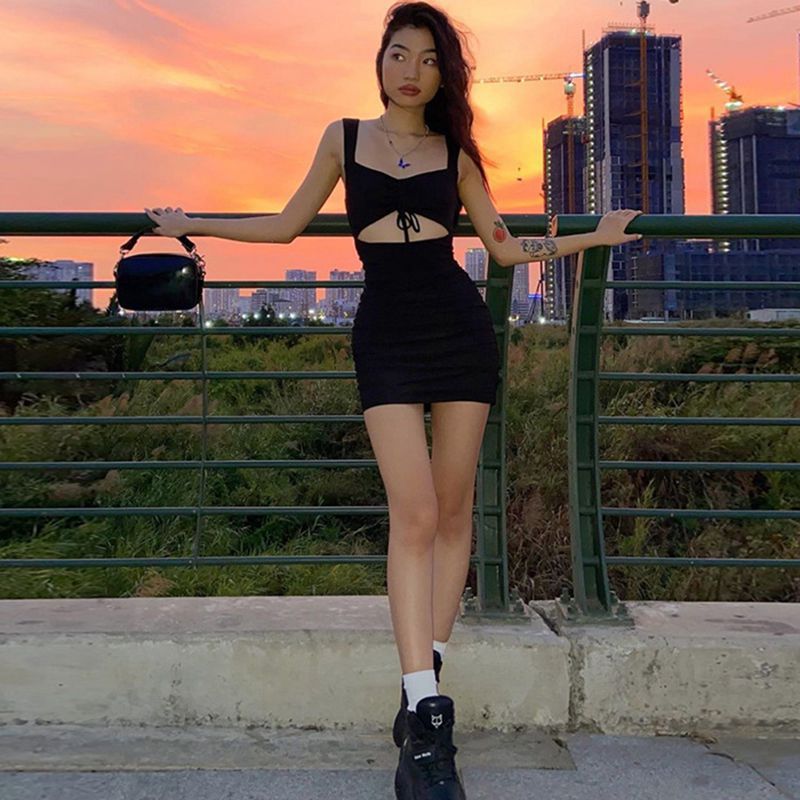 Summer Pleating Solid Color Tied Sexy Tight Sexy Strap Dress Bella Mia