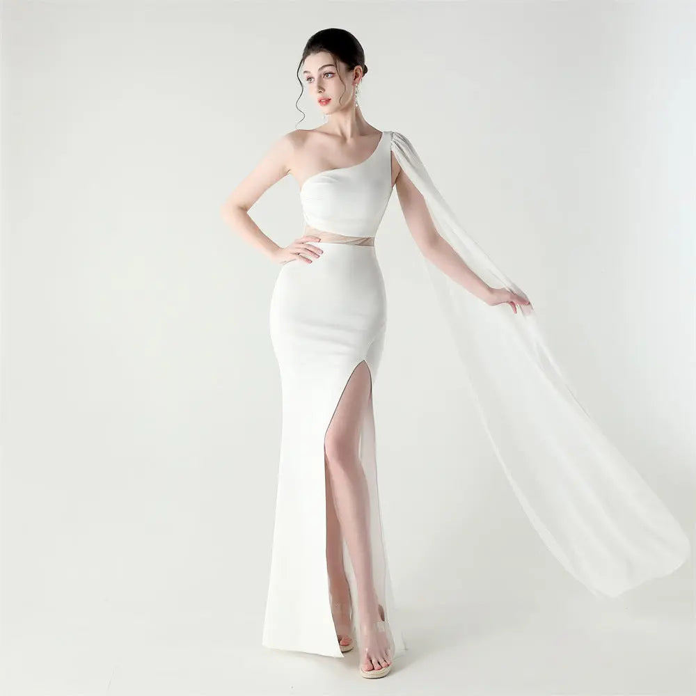 One Shoulder Satin Maxi Dress With Mesh Stitching Ruched Details Bella Mia