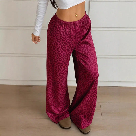 Women Clothing Autumn Satin Casual Pants Drawstring Leopard Print Mop Wide Leg Pants Long Pants Bella Mia