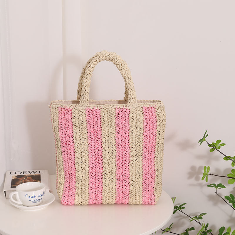 Vertical Stripes French Straw Bag Portable Contrast Color Straw Bag Woven Bag Women's Bag Seaside Vacation Beach Bag Bella Mia