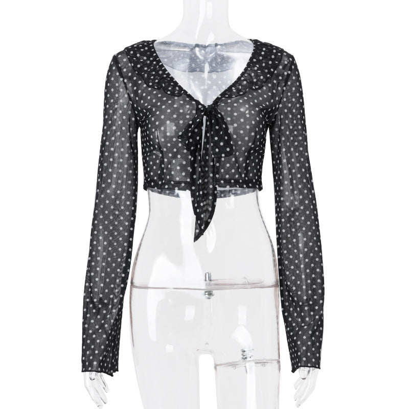 Women Clothing Summer Sexy See through Polka Dot Printed Long Sleeve Elegant Top Bella Mia