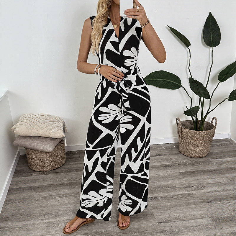 V neck Jumpsuit Summer Office Sleeveless Printed Jumpsuit Bella Mia