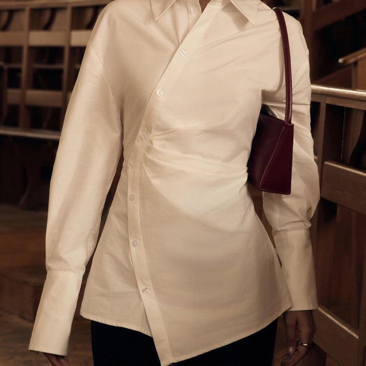 Cotton White Collared Long Sleeve Waist Women Shirt Cross Design Irregular Asymmetric Cardigan Top Bella Mia