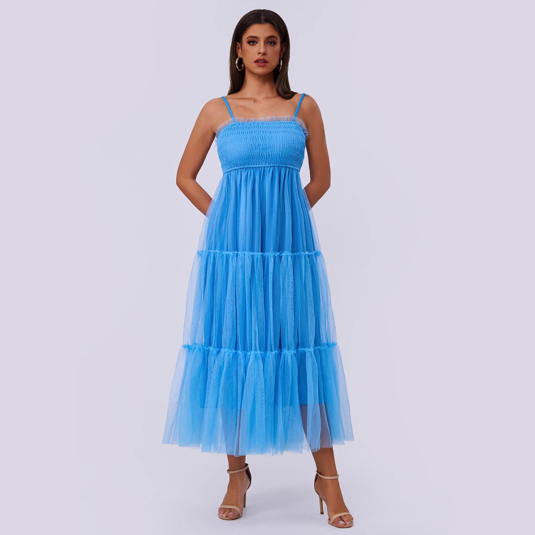 Women Clothing Sling Pleated Mesh Stitching Fluffy Short Sleeve Dress Bella Mia