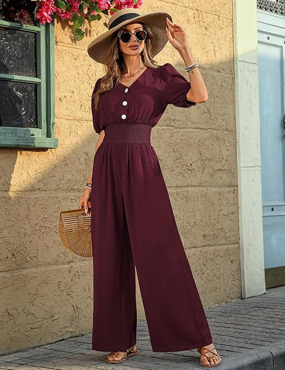 Women Wear Elegant Short Sleeve Collared Waist Tight Jumpsuit Wide Leg Loose Jumpsuit Bella Mia