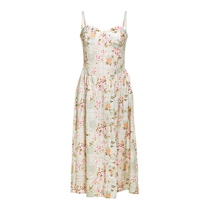 Summer Women Clothing French Sexy Backless Waist Trimming Slimming Printed Dress Women