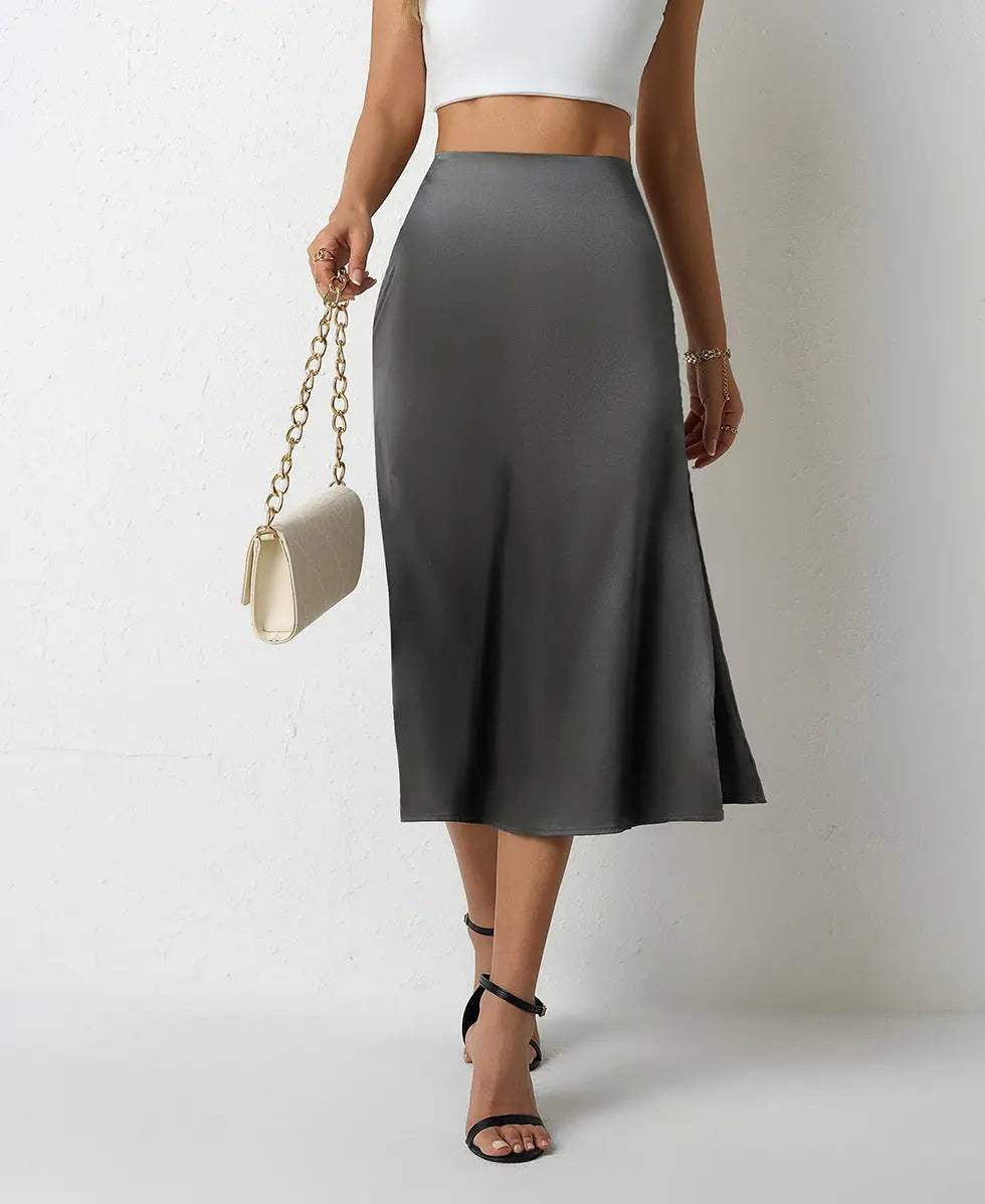Women Clothing Popular Satin Skirt Women Summer Mid Length Split Professional A line Skirt High Waist Skirt Bella Mia
