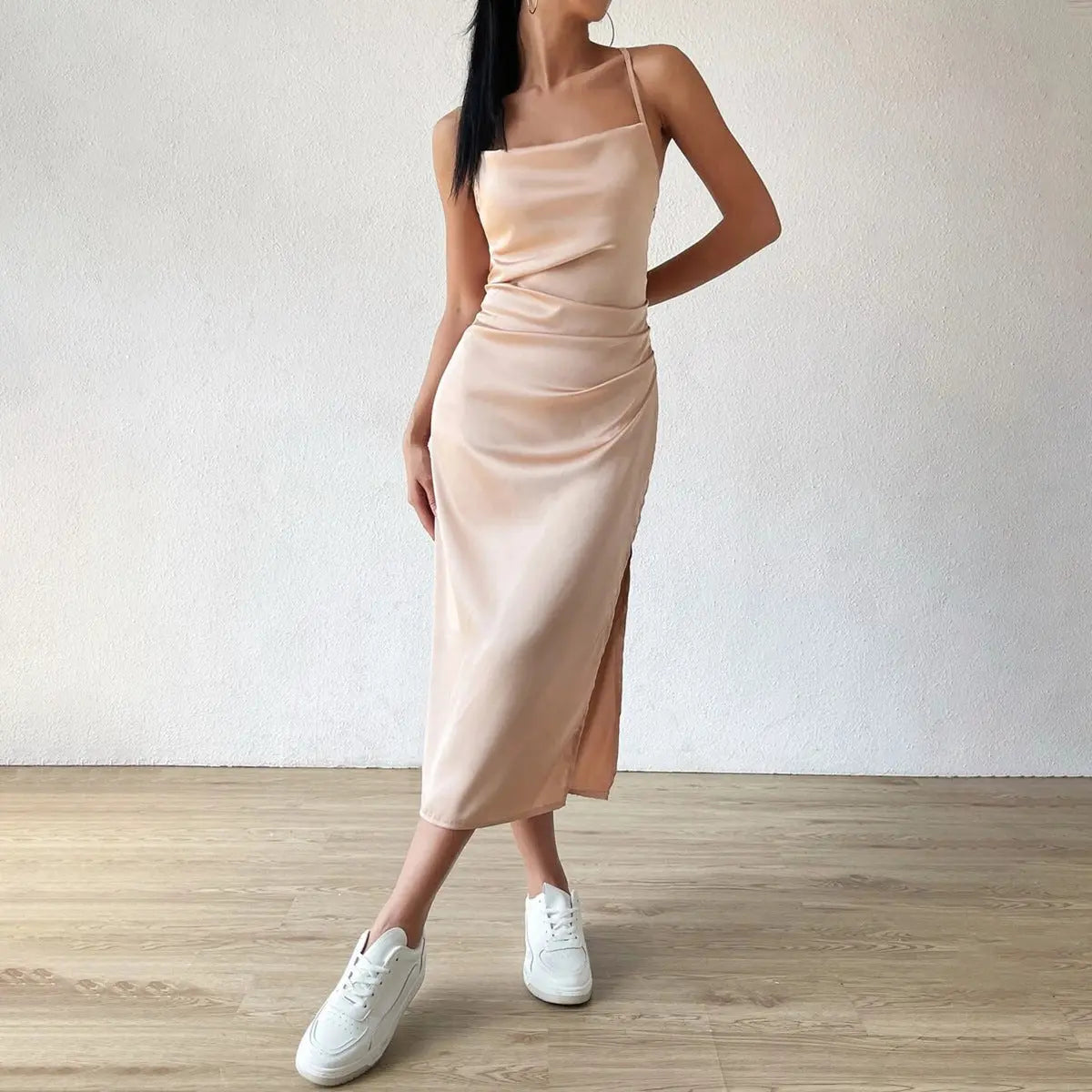 Satin Sling Dress Summer Split Mid Length Satin A line Drress Bella Mia