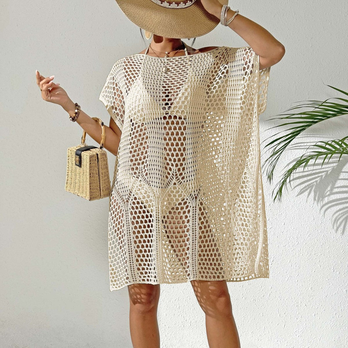 Women Holiday Blouse Women Sexy Woven Hollow Out Cutout out off Shoulder Bikini Overclothes Beach Dress Bella Mia