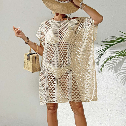 Women Holiday Blouse Women Sexy Woven Hollow Out Cutout out off Shoulder Bikini Overclothes Beach Dress Bella Mia