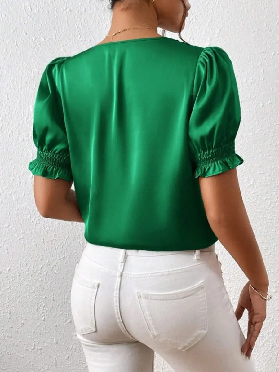 Satin V neck Buttons Shirt Spring Autumn French Casual Short Sleeve Ruffle Blouse Bella Mia