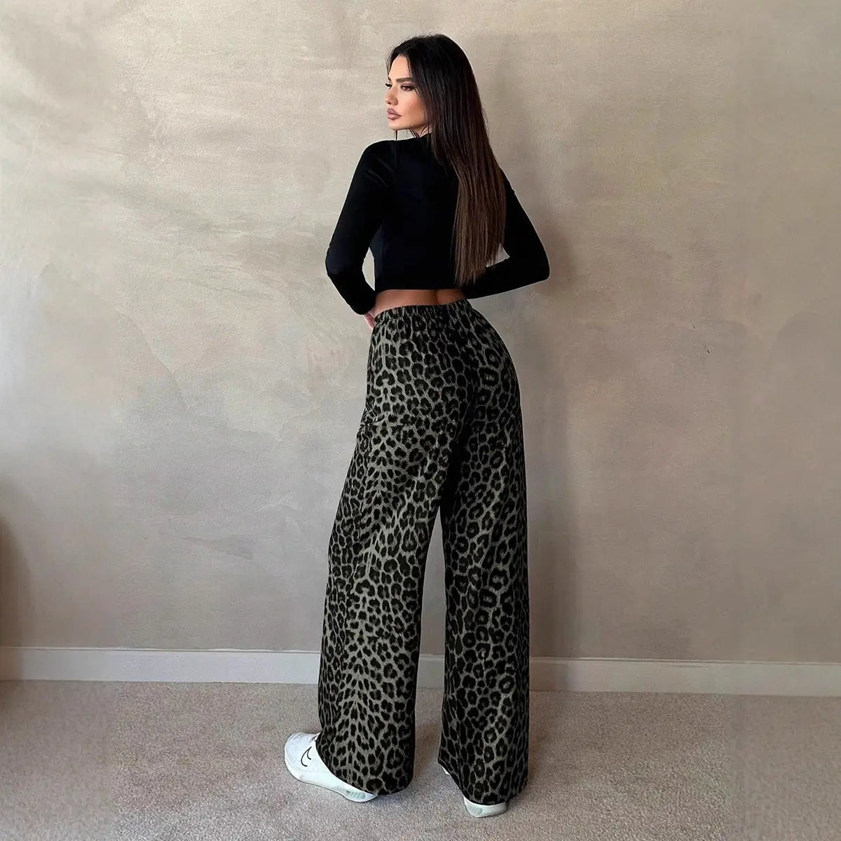 Women Clothing Satin Casual Pants Fall High Waist Leopard Print Loose Straight Satin Wide Leg Pants Bella Mia