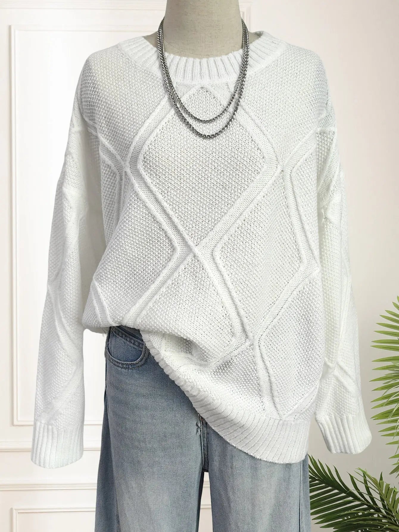 Top Platform Women Clothing Diamond Plaid Jacquard Loose Fitting Idle Casual Pullover Sweater Bella Mia