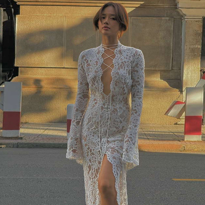 Autumn Winter Women Clothing Sexy Lace Cutout Deep V Plunge neck Lace up Slit Slim Fitting Long Sleeve Dress Bella Mia