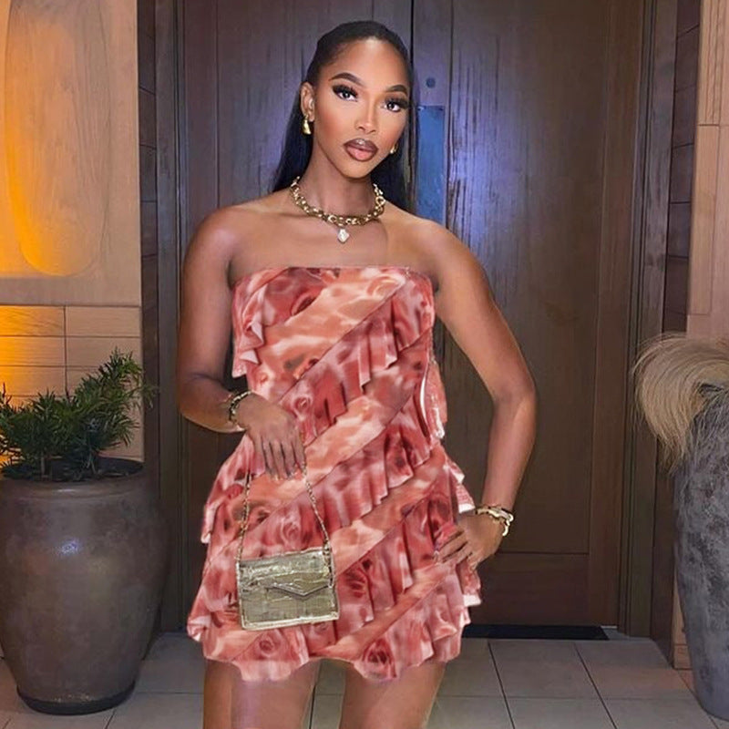 Women Clothing Spring Summer Ruffled Mesh Tube Top Mini Rose Print Sheath Dress Bella Mia