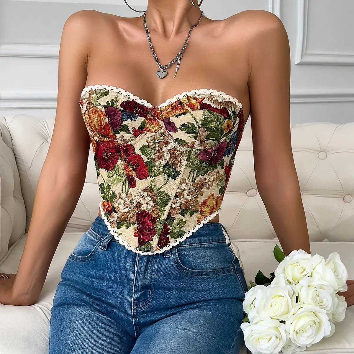 Street Retro Floral Print Corset Flounce Trim Lace Up French Minority Boning Corset Vest Bella Mia