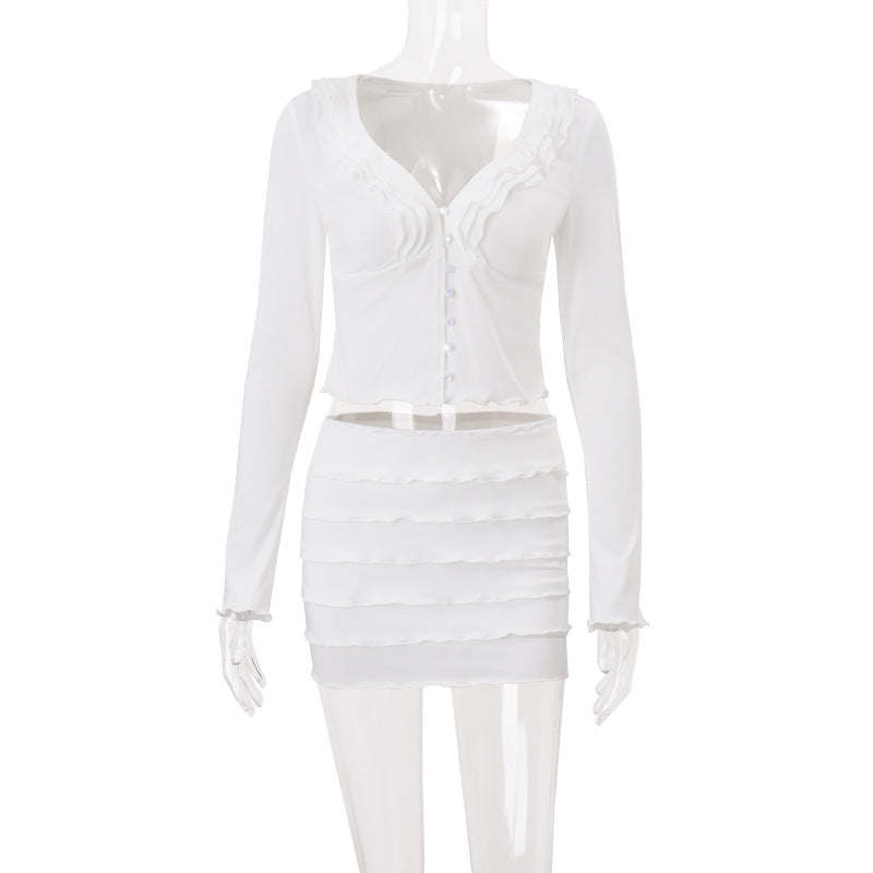 Women Clothing Fall V neck Low Cut Ruffled Hooks Cardigan Top Sheath Skirt Set Bella Mia