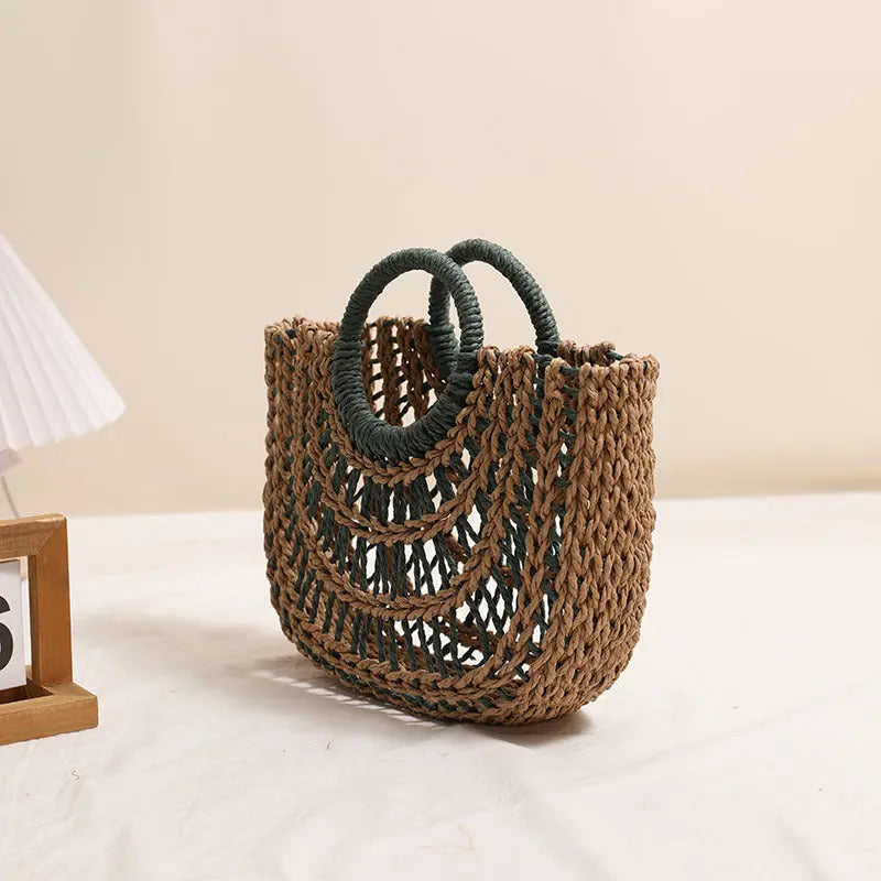 Hollowed out Semicircle Portable Straw Weaved Bag Round Handle Contrast Color Straw Bag Woven Bag Women Seaside Vacation Beach Bag Bella Mia