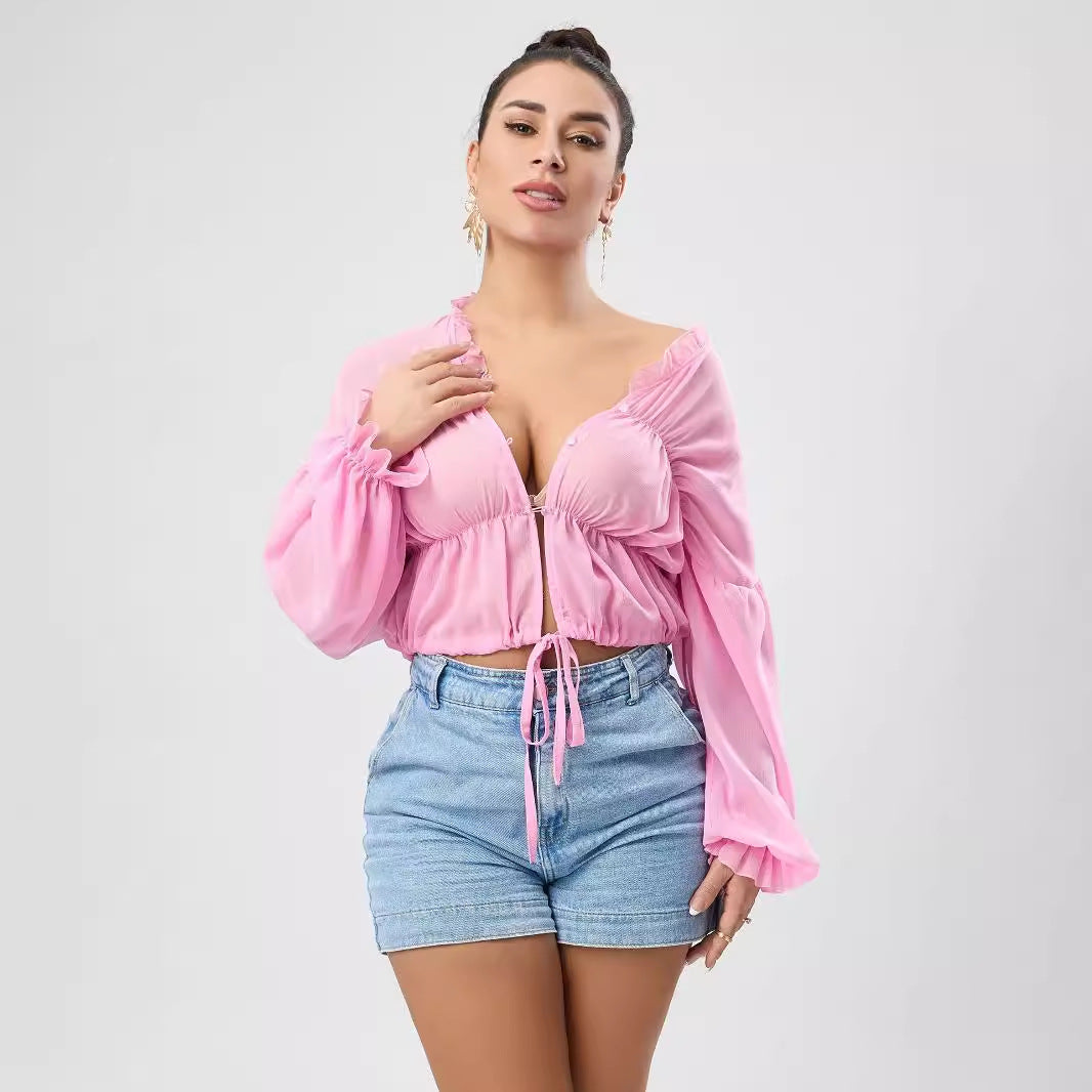 Fall Casual Women Wear Beach Cover Up Holiday Chiffon Bell Sleeve Top Bella Mia