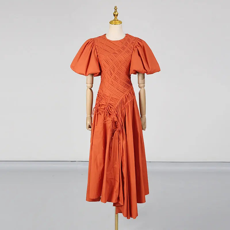 Elegant Simple Prom Dress Women Summer Maxi Dress Puff Sleeve round Neck Pleated Dress Bella Mia