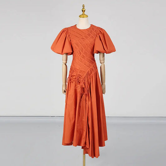 Elegant Simple Prom Dress Women Summer Maxi Dress Puff Sleeve round Neck Pleated Dress Bella Mia