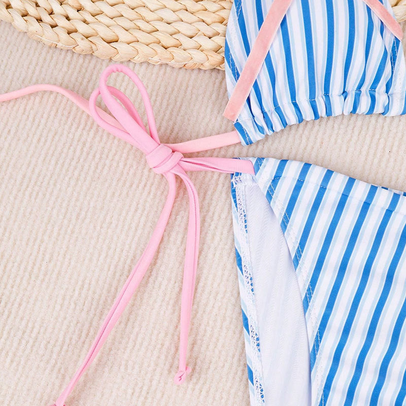 Women Sexy Backless Striped Bikini Deep V Plunge Three Point Bikini Split Swimsuit Bella Mia