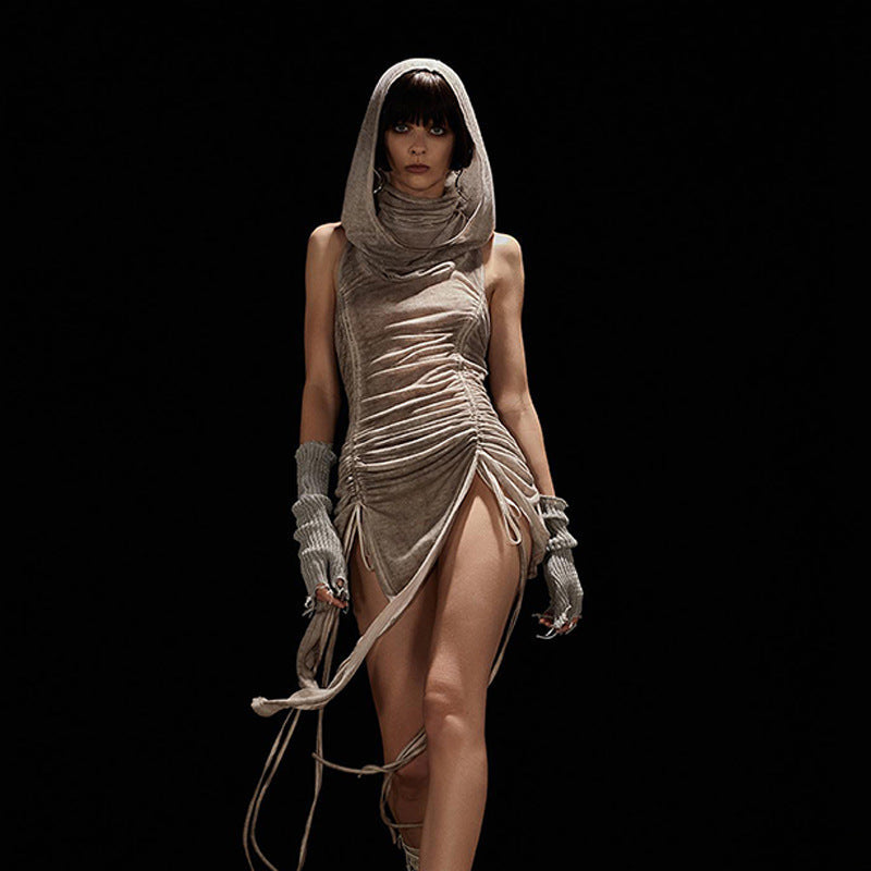 Summer Women Clothing Turtleneck Hooded Pleated Drawstring Tight Waist Sexy Cutout Slit Dress Bella Mia