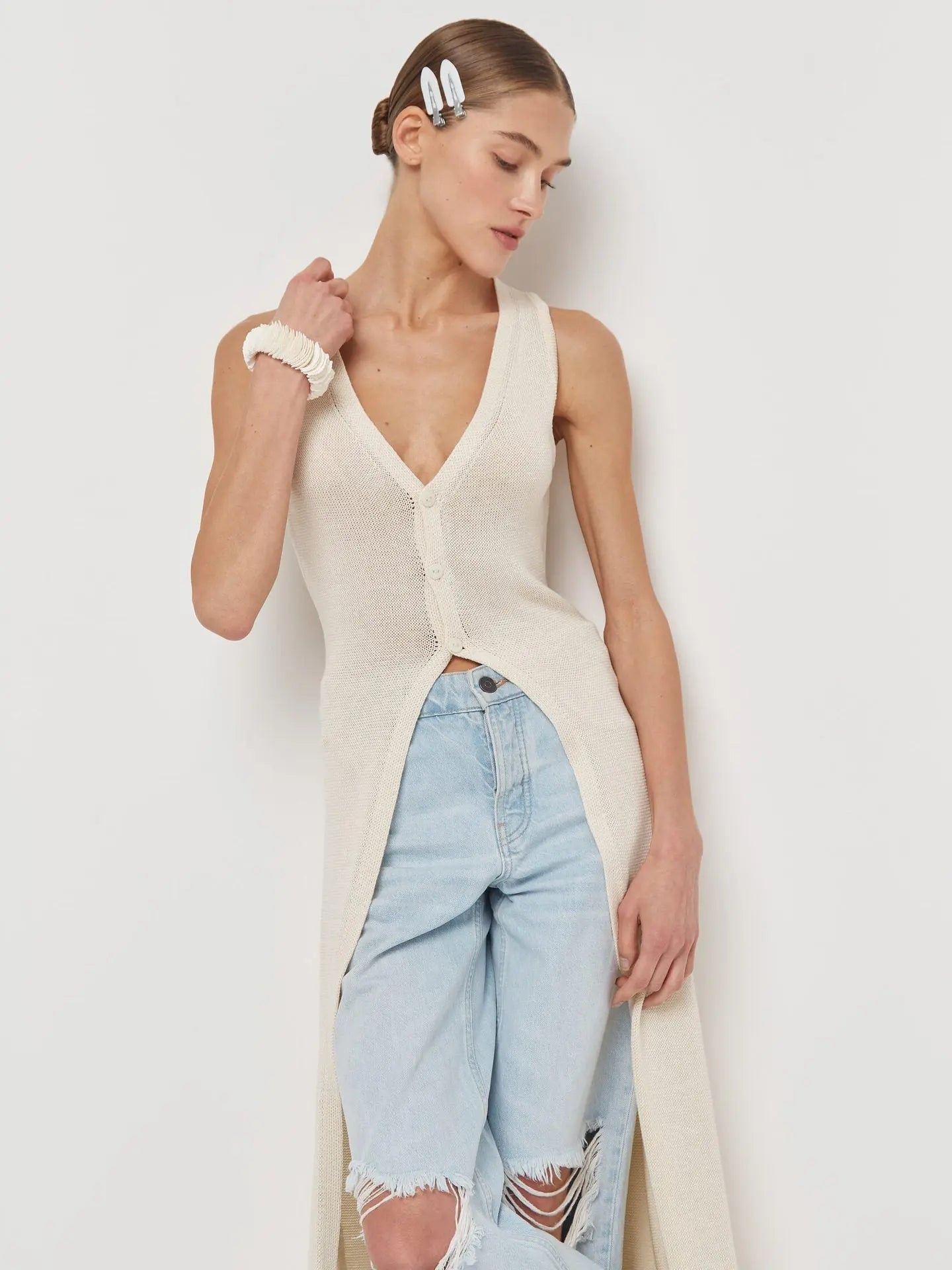 Sleeveless Design Split Long Upper Outer Garment Women Cardigan Breasted Coat Women Thin V neck Bella Mia