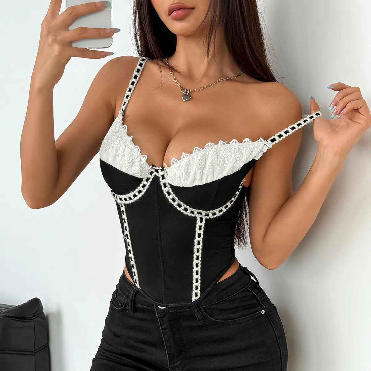 Retro Street Niche Stitching Sexy Lace Mesh Boning Corset Vest Slim Sexy Bra Women Bella Mia
