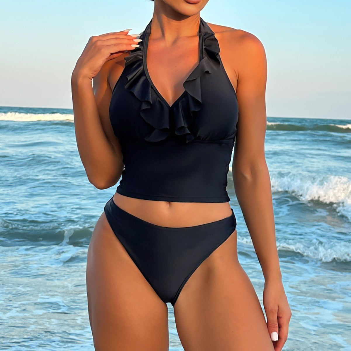 Tankini Solid Color V neck Lace up Sexy Split Bikini Swimsuit Women Swimwear Bella Mia