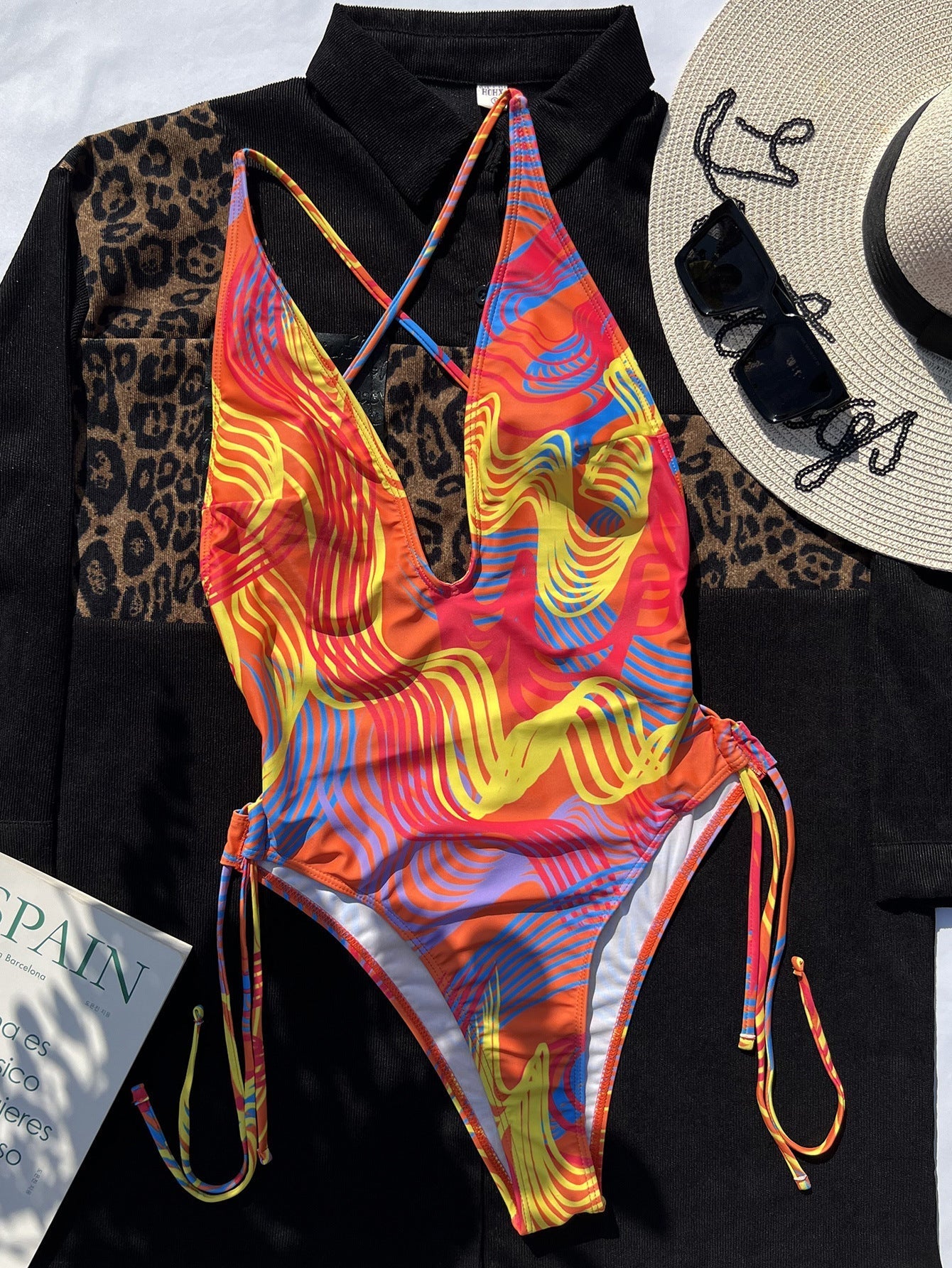Color Printing Deep V Plunge Sexy Swimsuit Beauty Back Strap One Piece Swimsuit Bella Mia