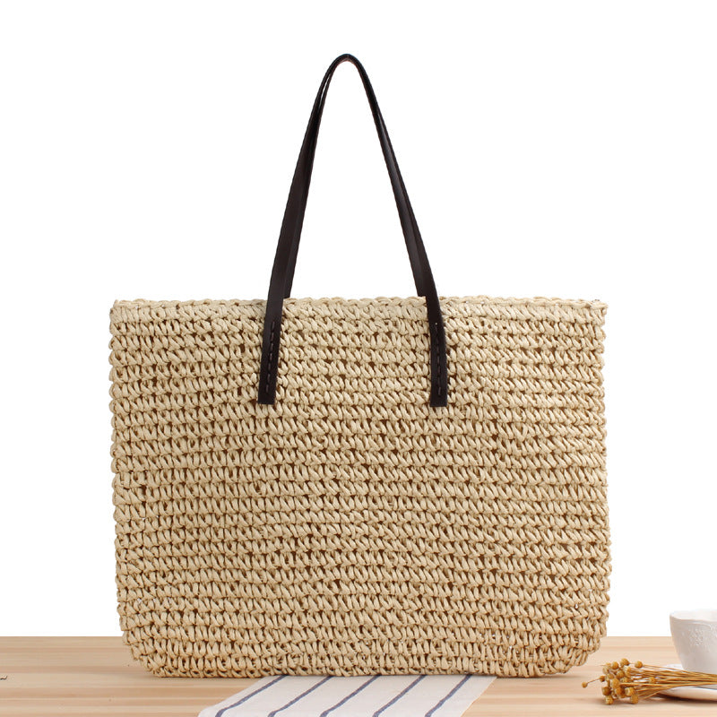 Large Capacity Casual Straw Bag Korean Shoulder Bag Solid Color Handmade Woven Bag Mori Photo Bella Mia