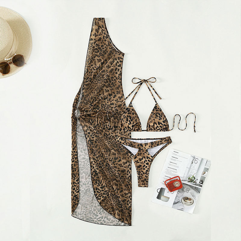 Sexy Leopard Print One Shoulder High Waist Three Piece Suit Mesh Maxi Dress Swimsuit Bikini Bella Mia