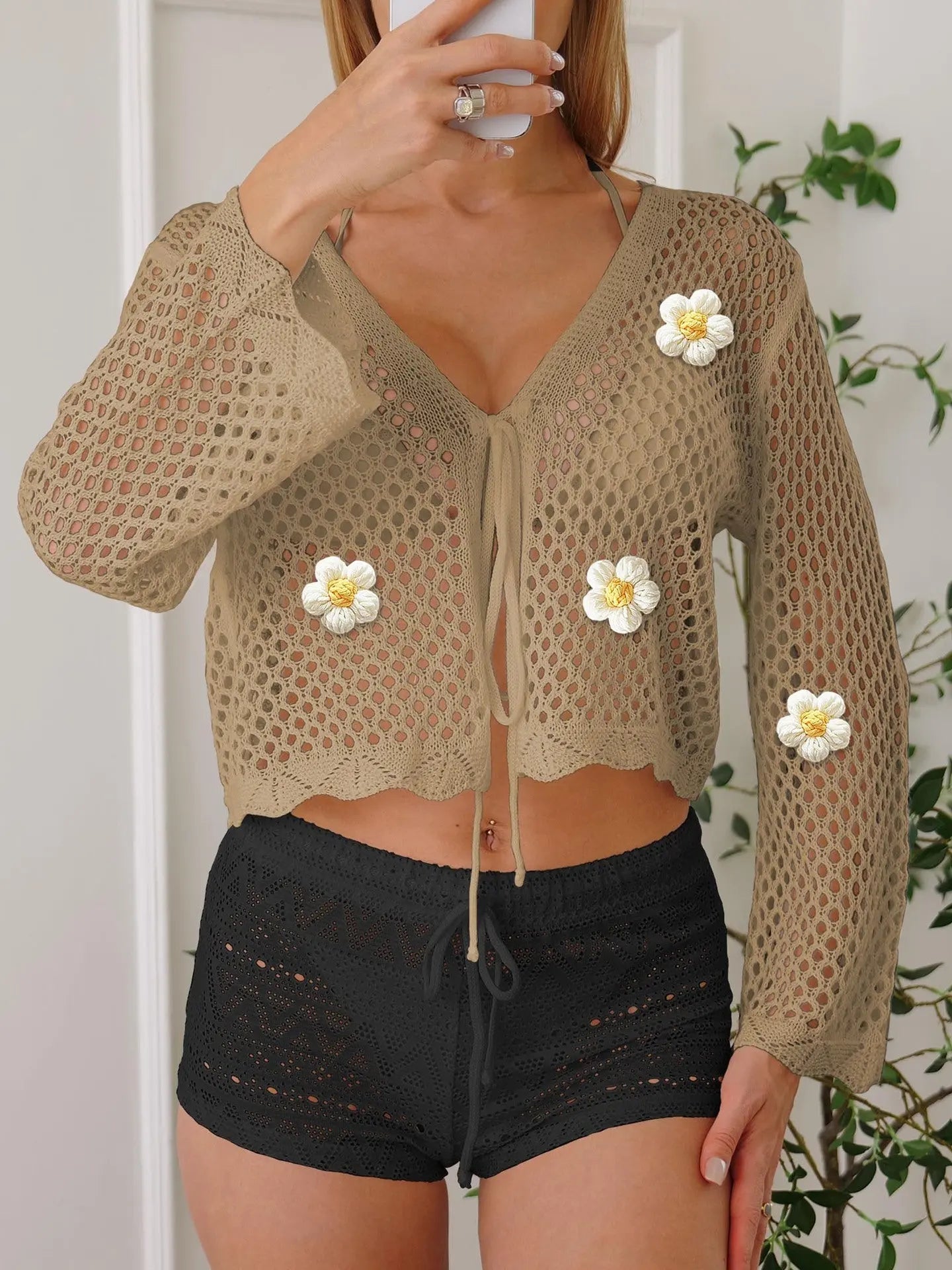 Women Lace Up Cardigan Hollow Out Cutout Woven Shirt Floral Embroidery Beach Bella Mia
