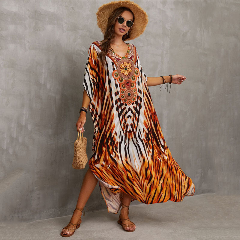 Rayon Positioning Printing Beach Cover Up V Neck Robe Vacation Skirt Bikini Cover Bella Mia