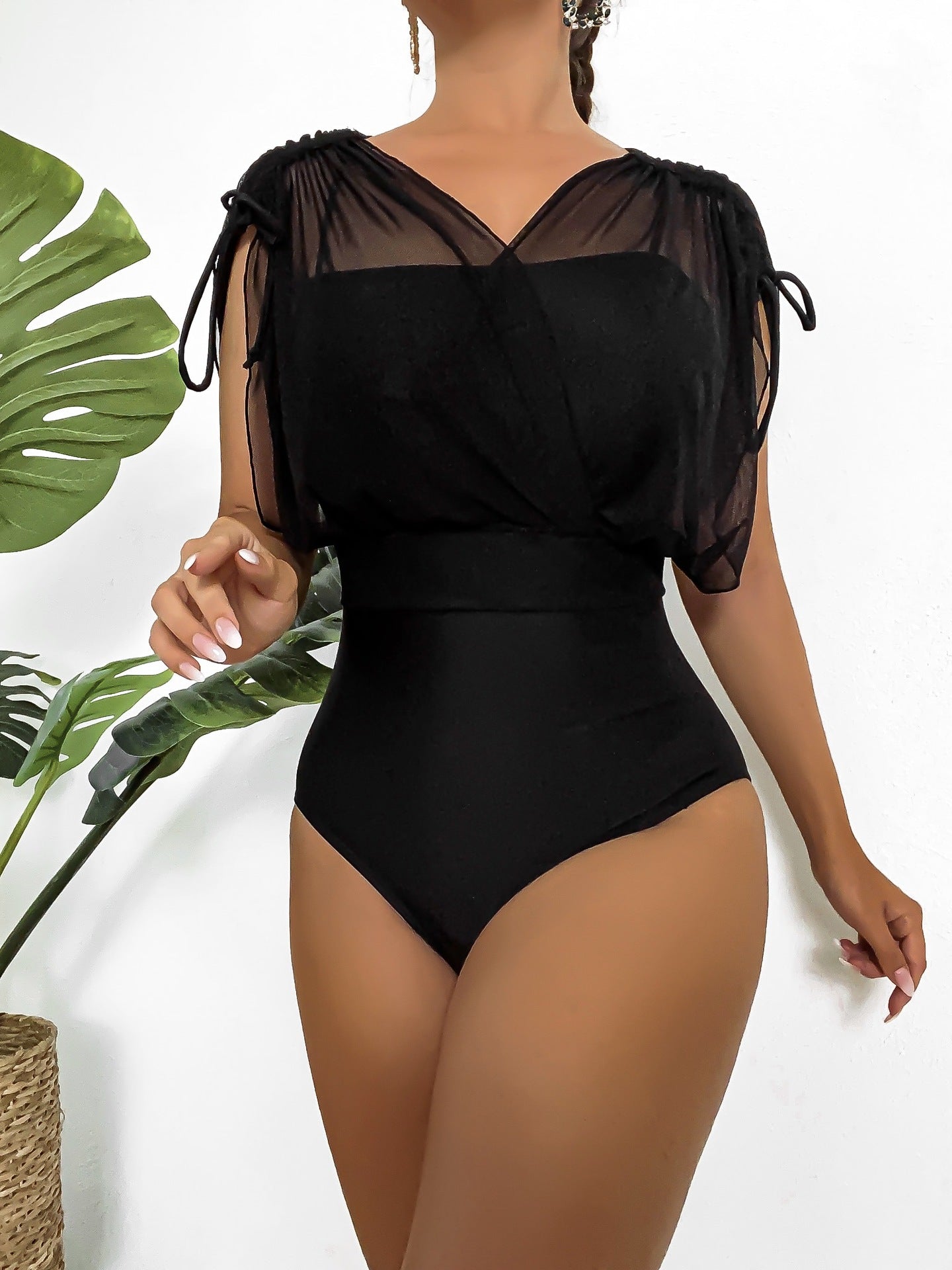 Sexy Solid Color One Piece High Waist Mesh V Neck Top Bella Mia