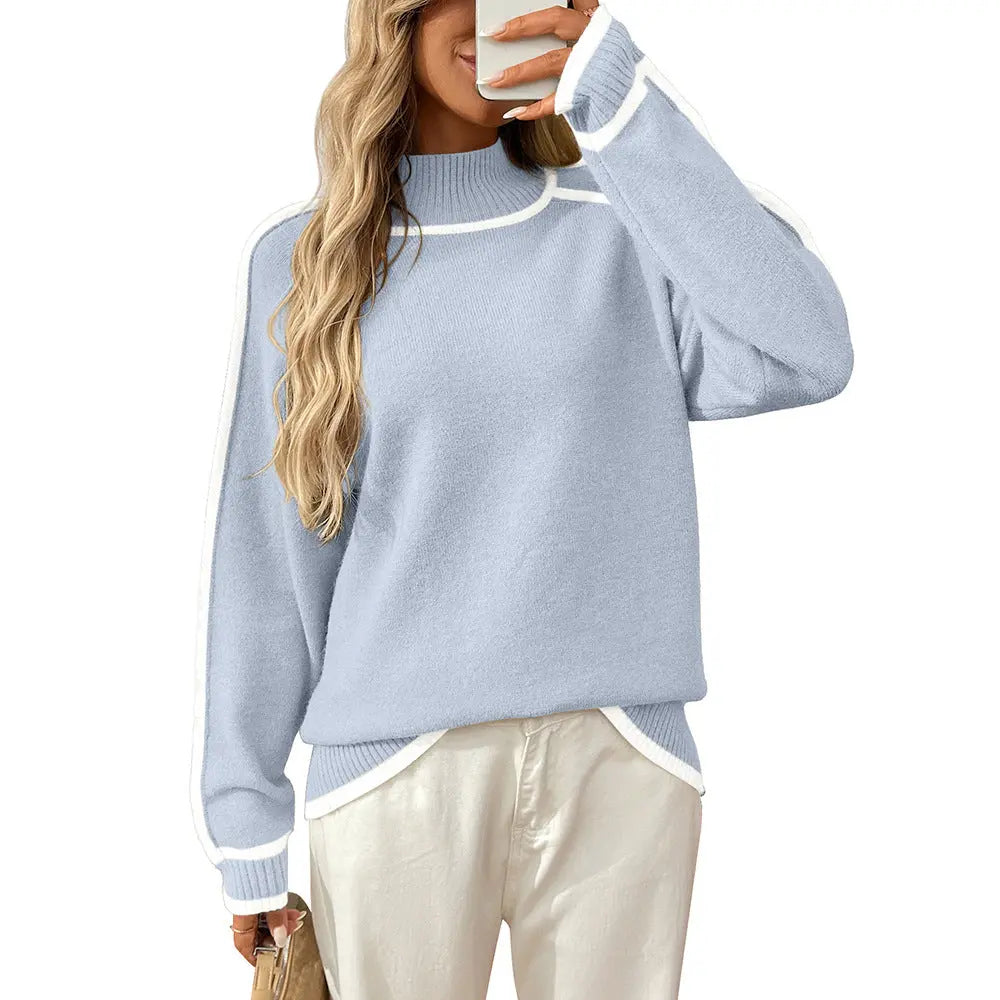 Fall Winter Loose Mock Neck Contrast Stripe Jersey Pullover Sweater Bella Mia