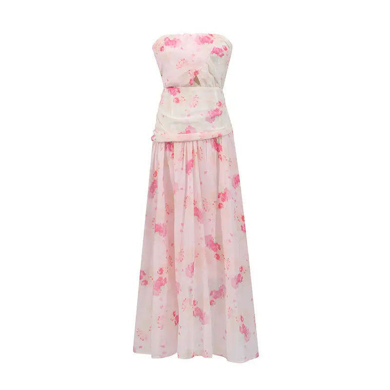 Vacation Floral Maxi Dress Strapless Cutout Zipper Ruched Polyester Bella Mia