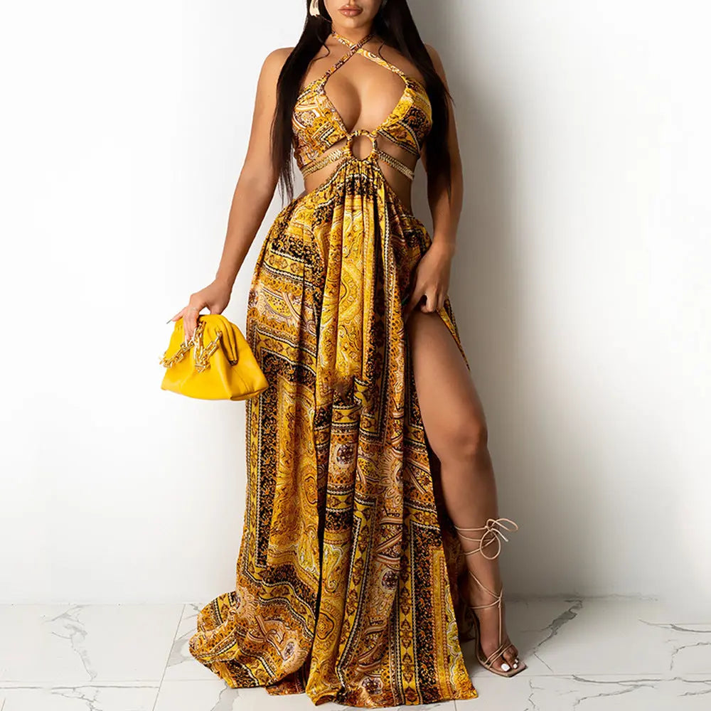 Women Sleeveless Halter Maxi Dress With Printed Split Front Tie Ring Backless Bella Mia