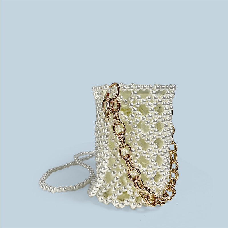 Chinese Beaded Hand Woven Pearl Cocktail Vegetable Basket Hollow Out Cutout Bucket Chain Underarm Messenger Bag Bella Mia