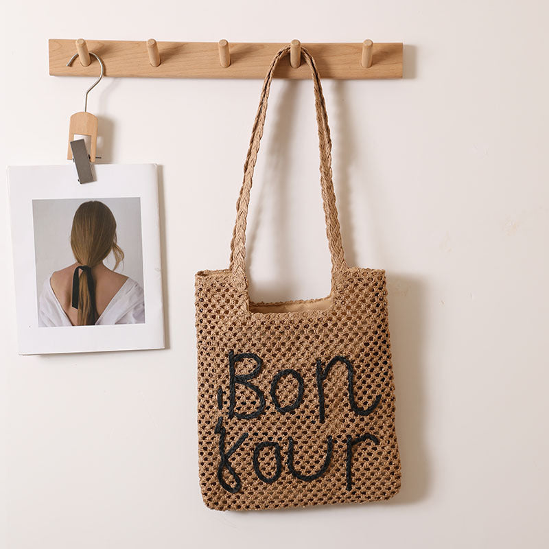 Letter Graphic Embroidery One Shoulder Straw Bag Hollow Out Cutout out Straw Bag Woven Bag Vacation Beach Bag Women Bag Bella Mia