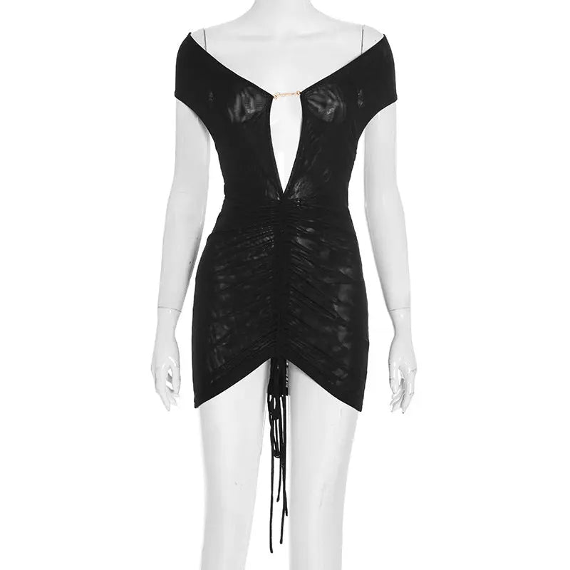 Women Clothing Autumn Solid Color Sexy off Shoulder Short Sleeve Backless Lace up Pleating Short Dress Bella Mia