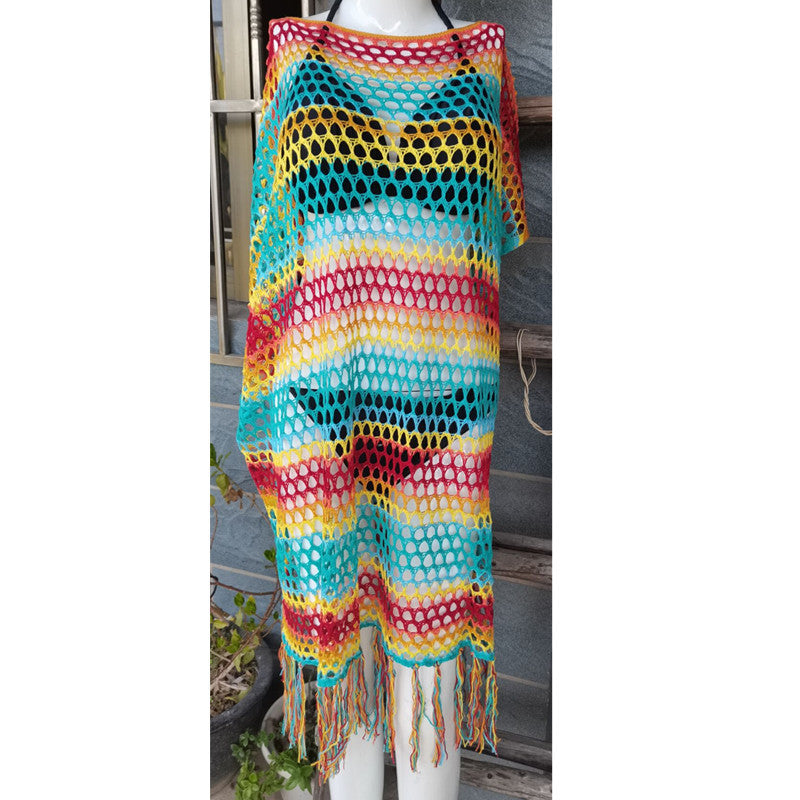 Knitted Color Stripes Tassel Beach Cover-up Sexy Hollow Out Cutout Seaside Sun Protection Clothing Beach Cover Up Crochet Bella Mia