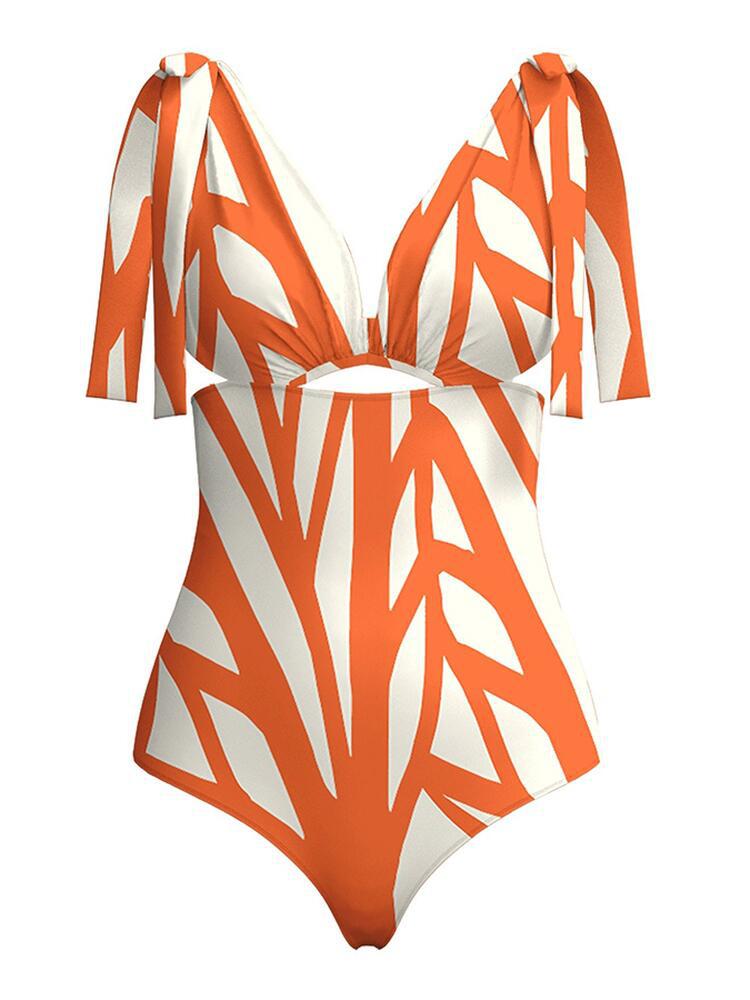 One Piece Swimsuit Women Color Striped Printing Hollow Out Cutout Deep V Plunge Covering Belly Thin Bikini Bella Mia