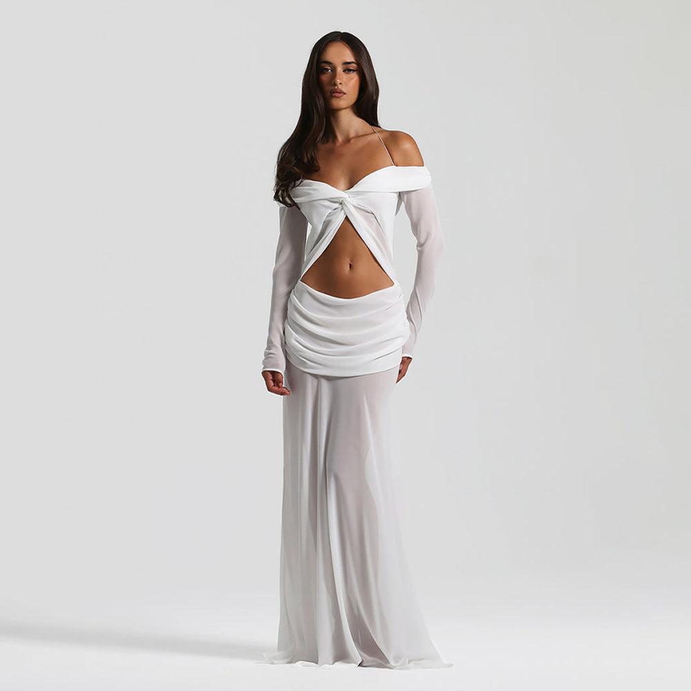 Summer Arrival Twisted Chiffon off Shoulder Maxi Dress Sexy Cropped Pleated Dress Bella Mia