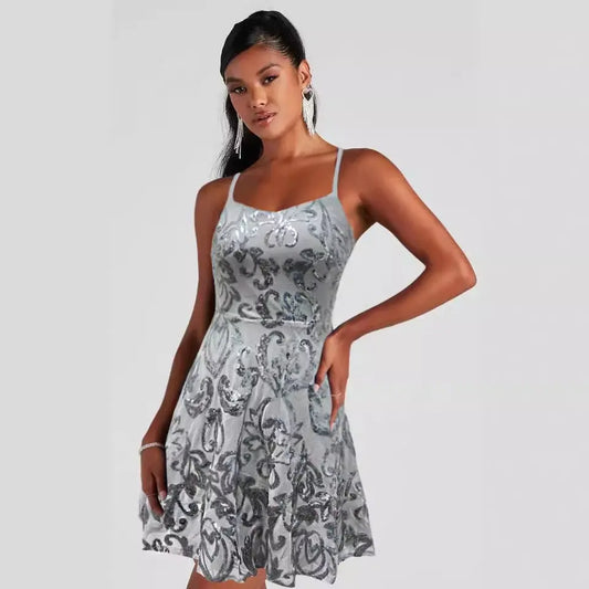 Women Flashing Sequ Loose Mini Dress Cocktail Party Strap Dress Bella Mia